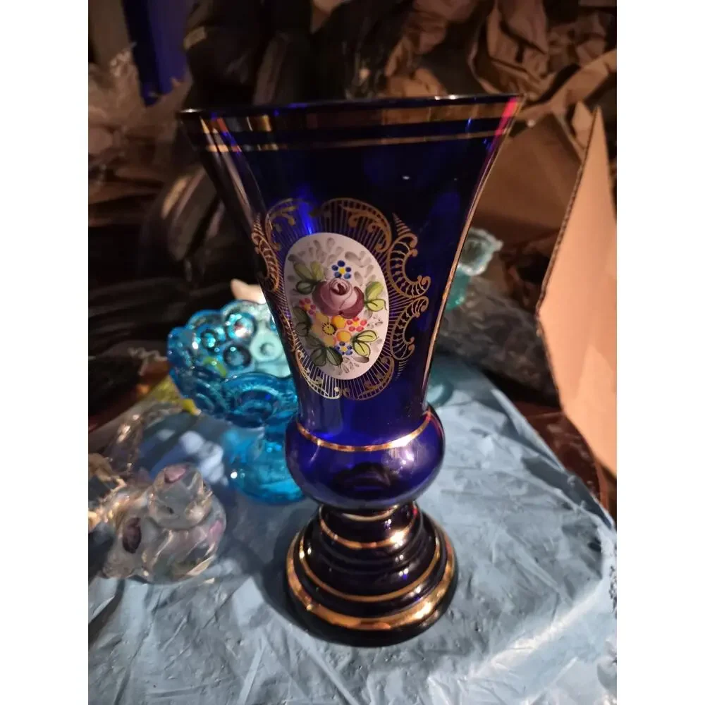 Vintage Bohemia Cobalt Blue Glass Vase Handpainted Colorful flowers Housed...